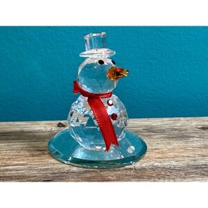 Crystal Snowman Figurine Hat Scarf Mirrored Base w Glass Cane Holiday Christmas